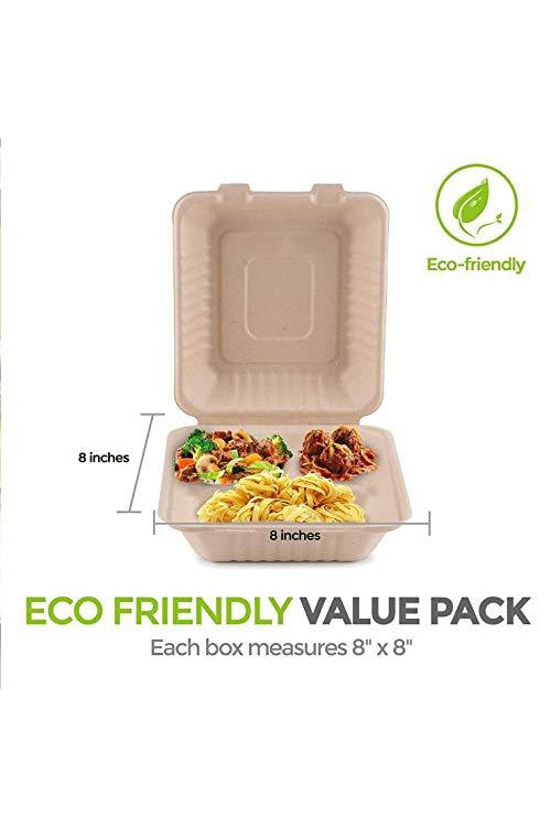 Bagasse Clamshell Takeout Containers, Biodegradable Eco Friendly Take Out to Go Food Containers with Lids (8x8) 50 Count