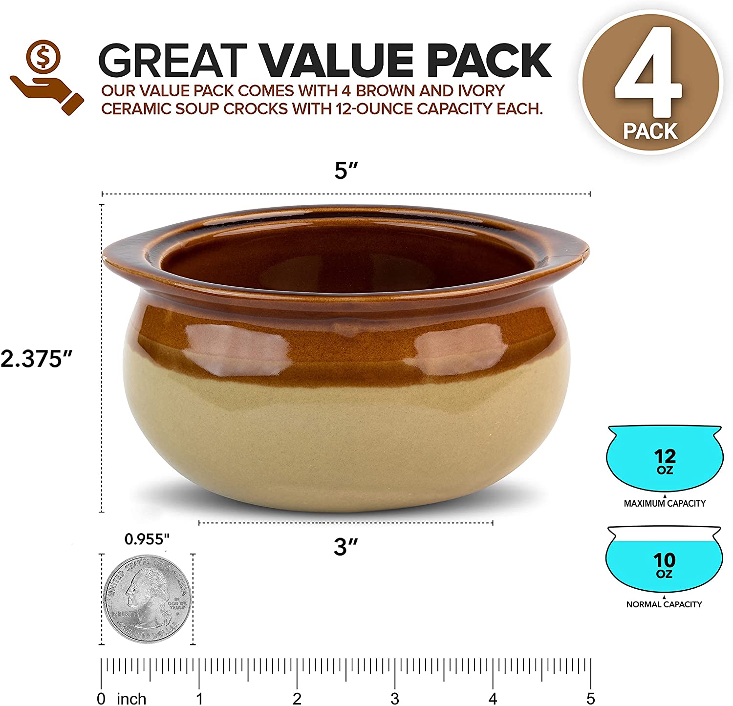 Stock Your Home 12 oz French Onion Soup Crock (4 Pack) -Two-Toned Brow