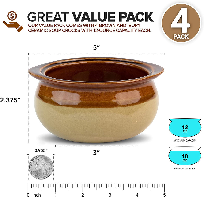 Stock Your Home 12 oz French Onion Soup Crock (4 Pack) -Two-Toned Brown & Ivory Porcelain Soup Bowls -Oven Safe Soup Bowls -Microwave and Dishwasher Safe Soup Crocks
