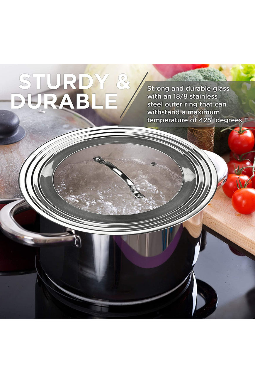 Universal Lid for Pots, Pans and Skillets, Stainless Steel and Tempered Glass, Fits All 7 Inch to 12 Inch Pots and Pans, Replacement Cookware Frying Pan Cover and Cast Iron Skillet Lid