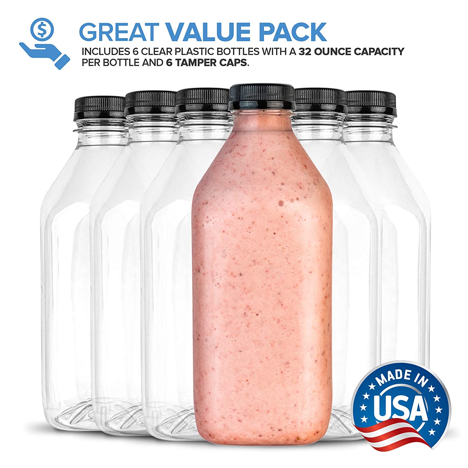 Plastic 16oz Reusable Juice Bottles with Caps, 12 Pack, Clear Smoothie  Drink Containers by Stock Your Home