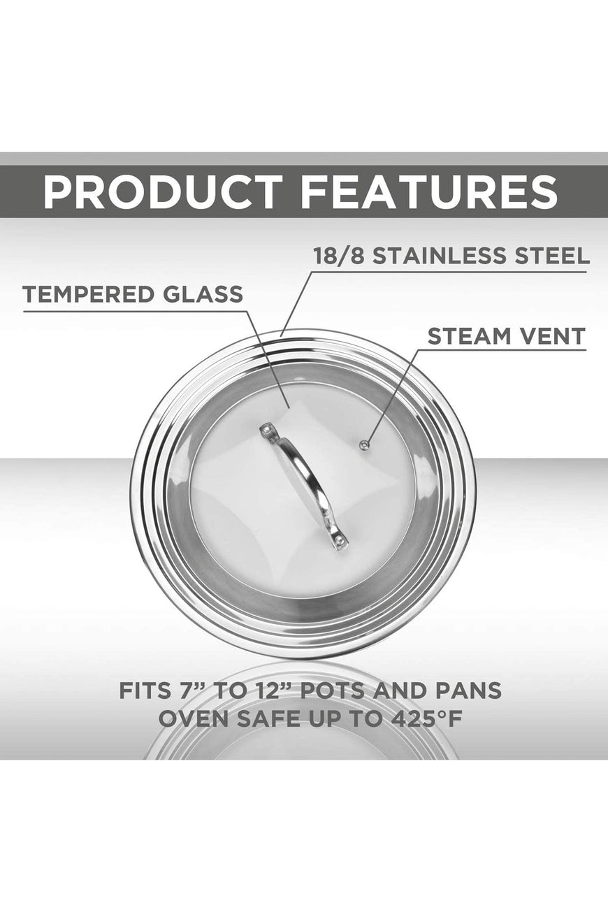 Universal Lid for Pots, Pans and Skillets, Stainless Steel and Tempered Glass, Fits All 7 Inch to 12 Inch Pots and Pans, Replacement Cookware Frying Pan Cover and Cast Iron Skillet Lid