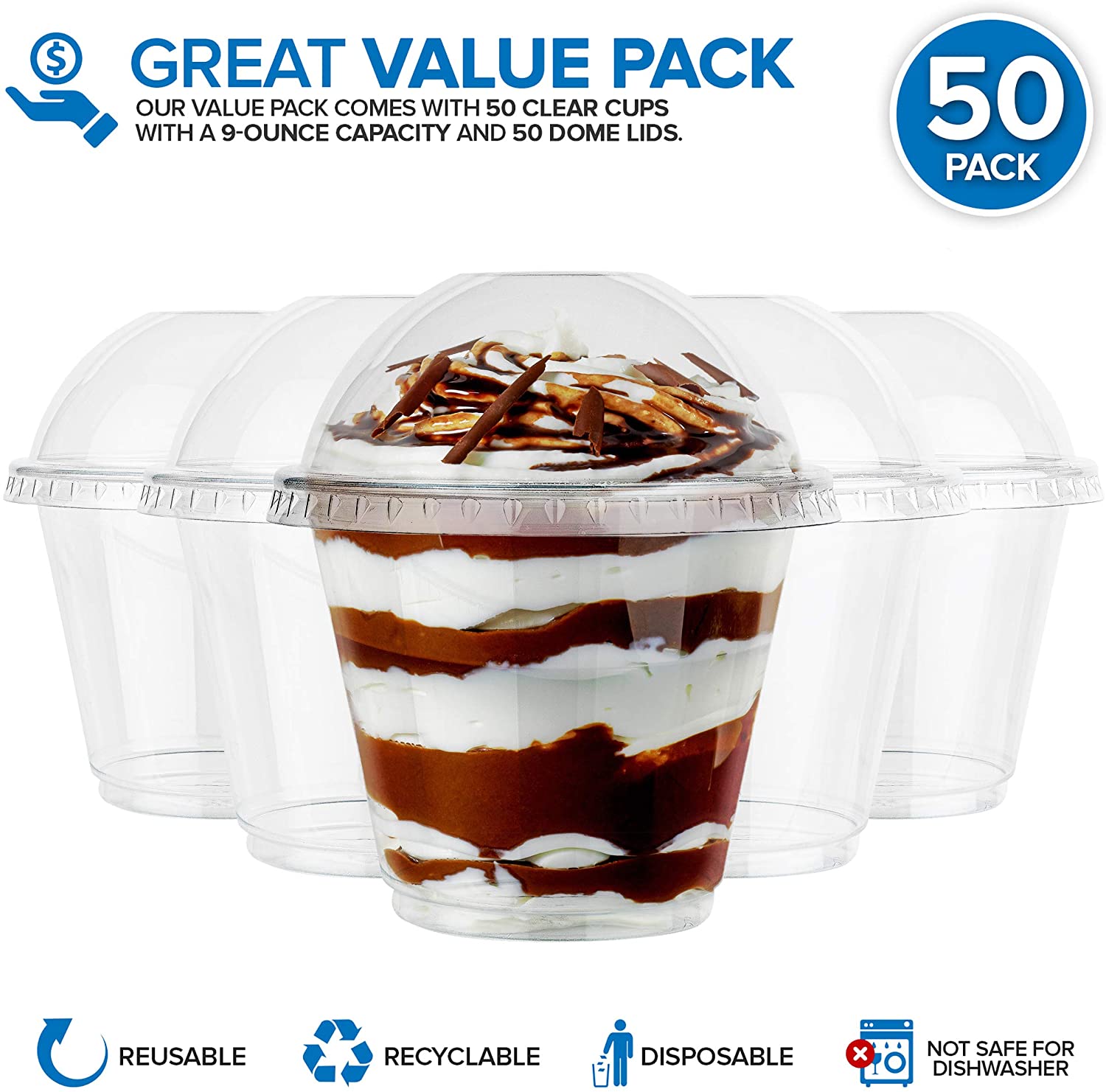 12 oz Plastic Ice Cream Cups with Dome Lids for Yogurt, Parfaits, Desserts  (50 Pack)