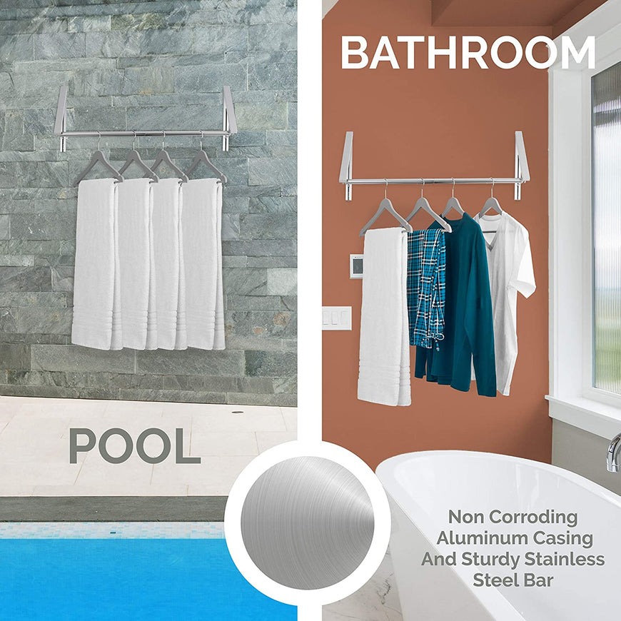 Stock Your Home Retractable Clothes Rack - Wall Mounted Folding Clothes Hanger Drying Rack for Laundry Room Closet Storage Organization, Aluminum, Easy Installation, 2 Racks with Rod (Silver)