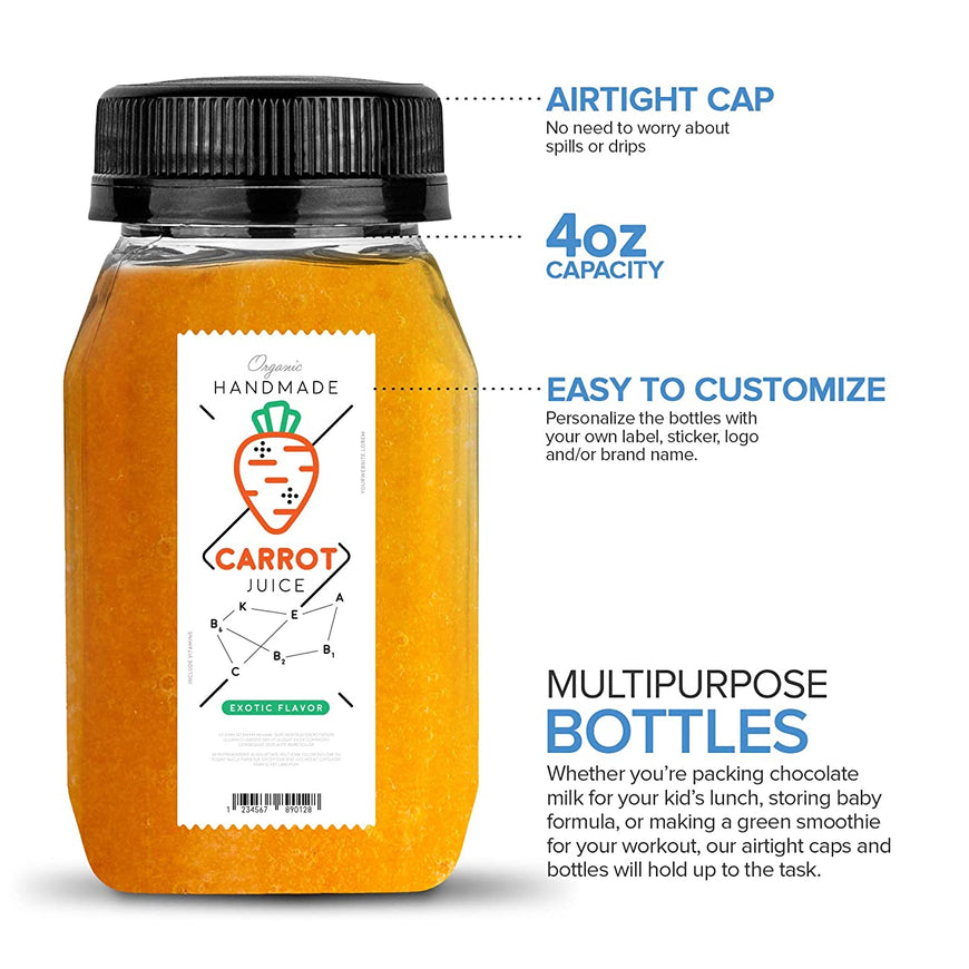 Stock Your Home Plastic Juice Bottles with Lids, Juice Drink Containers with Caps for Juicing Smoothie Drinking Cold Beverages, 4 Oz, 12 Count