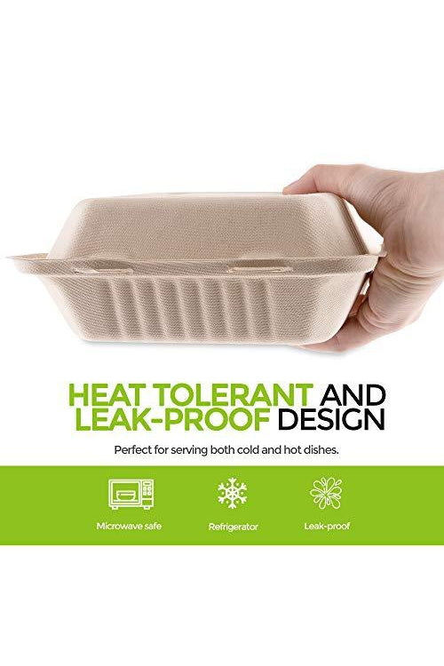 Bagasse Clamshell Takeout Containers, Biodegradable Eco Friendly Take Out to Go Food Containers with Lids (8x8) 50 Count