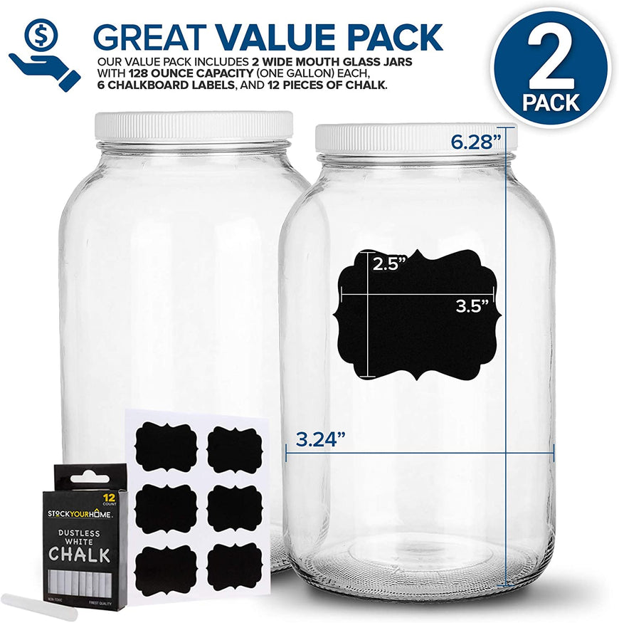 128 Oz Glass Jar with Plastic Airtight Lid (2 Pack) - Includes 6 Chalkboard Labels & 12 Pieces of Dustless Chalk - 1 Gallon Glass Jar for pickling, fermentation, brewing, food storage