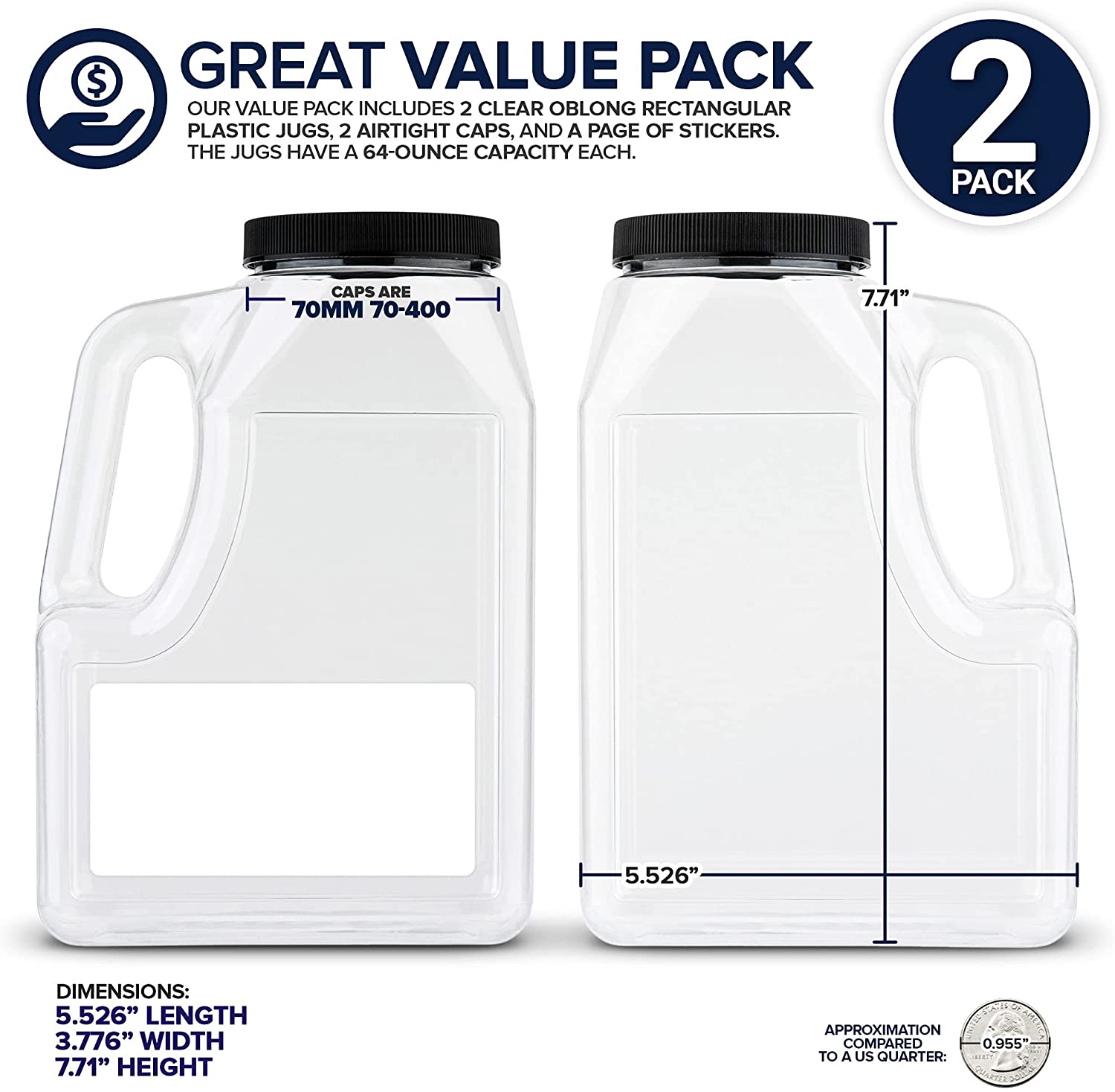 TLAQ Clear Plastic Jugs with Child Resistant Lids, 2 Pack, Storage